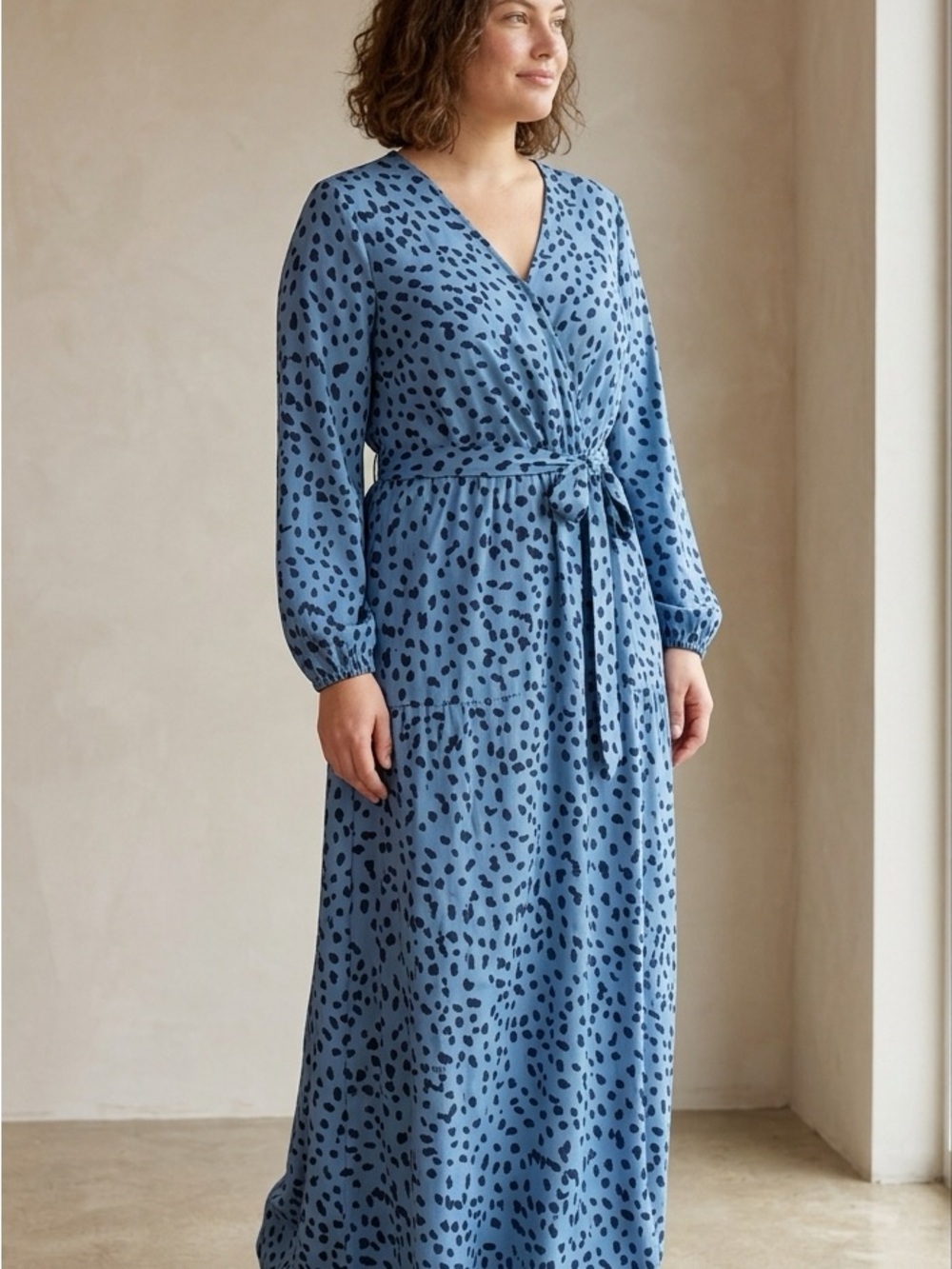 Light Blue Printed Long-Sleeve Maxi Dress with Self Tie Waist